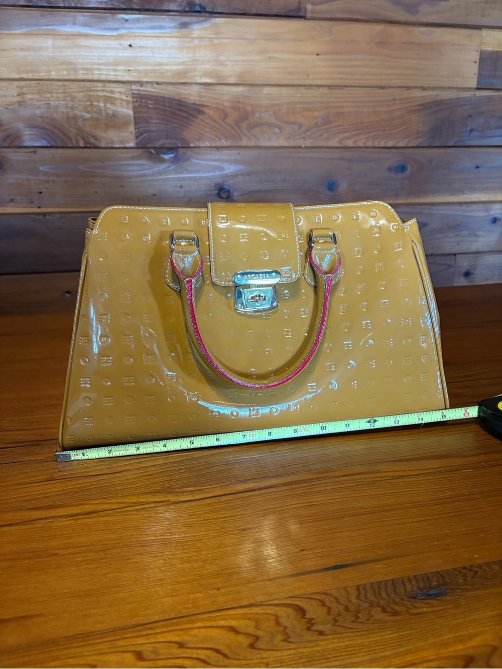 Arcadia Patent Leather Satchel Bag in Mustard Yellow with Red trim - Picture 9 of 9